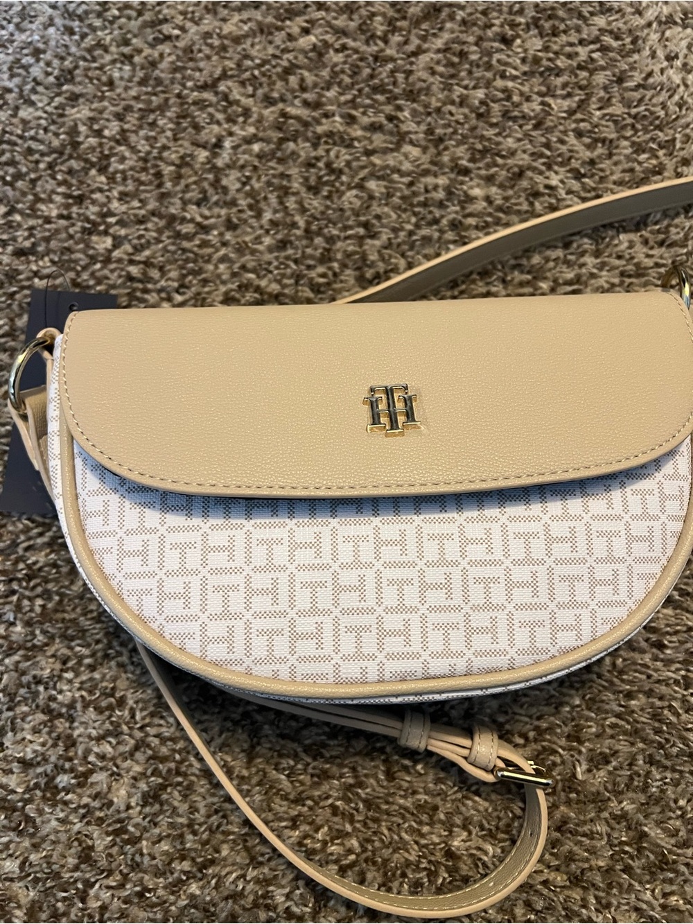 Tommy Hilfiger Beige and White Crossbody Saddle Bag